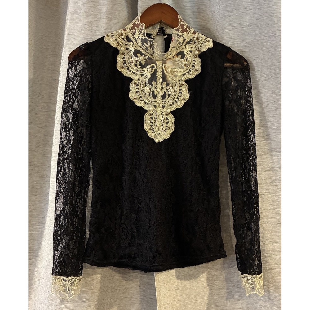 Lanyizikou Vintage Black Lace Blouse Victorian Goth Pearl Embellished Top Large